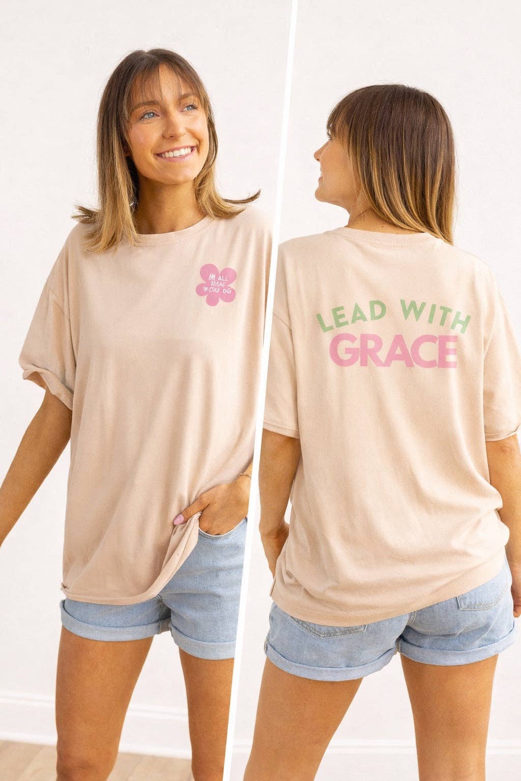 Lead with Grace on Beige Relaxed Fit Tee: Beige / S/M