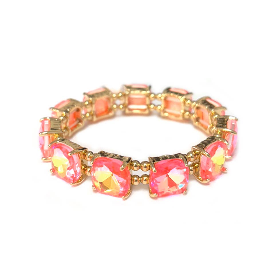 Cushion Cut Glass Crystal Linked Stretch Bracelet: PASTEL-BLUE