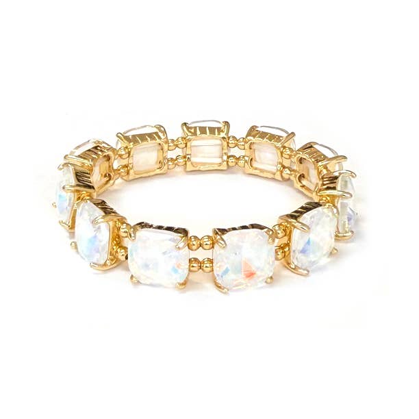 Cushion Cut Glass Crystal Linked Stretch Bracelet: PASTEL-BLUE