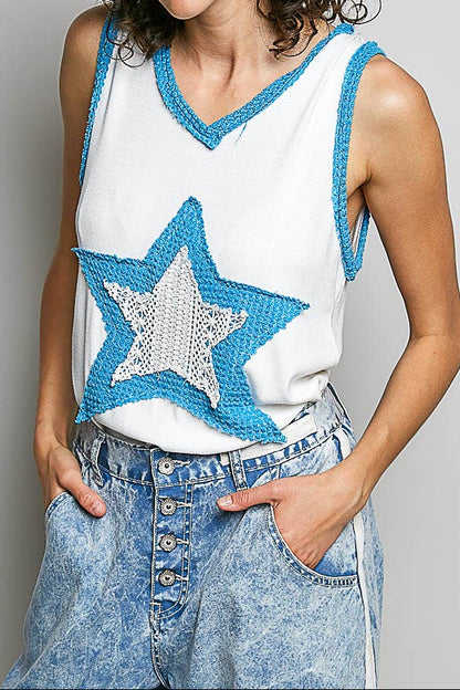 V-neck Sleeveless Color Block Front Crochet Star Solid Top: OFF WHITE/PACIFIC BLUE /