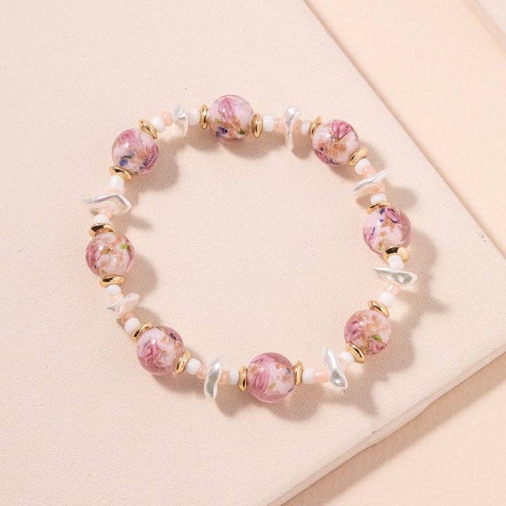 Murano Glass Beads & Pearl Linked Stretch Bracelet: NAVY