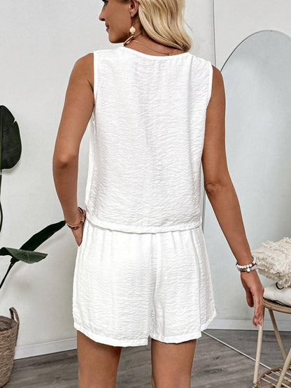 White Embroidered Tie-Front Top & Shorts Set: White