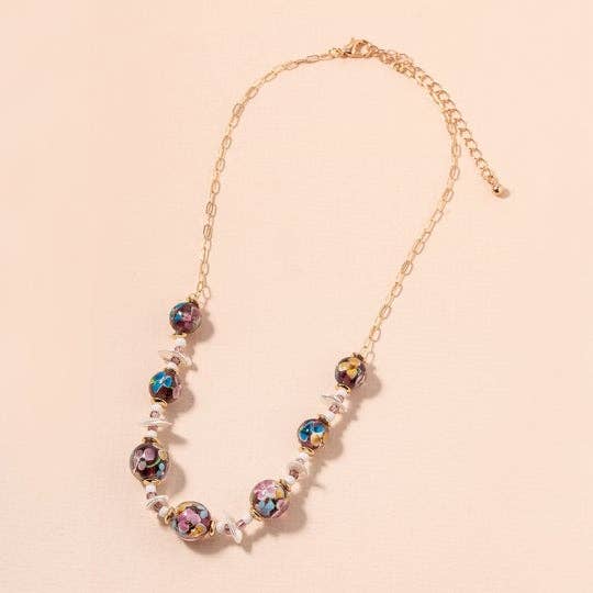 Murano High Quality Glass Beads with Pearl Linked Necklace: Blue