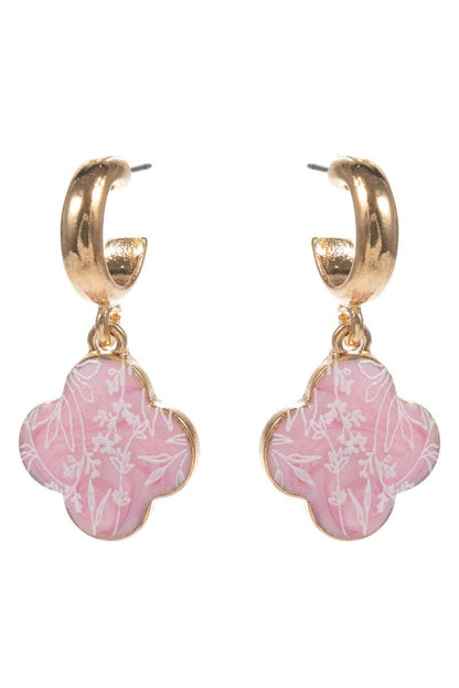 Floral Print Enameled Clover Charm Post Earrings: LBL / ONE