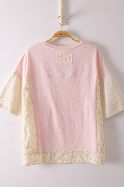 NT12633-Oversized Mixed Media Knit Top: PINK / S-M-L/2-2-2