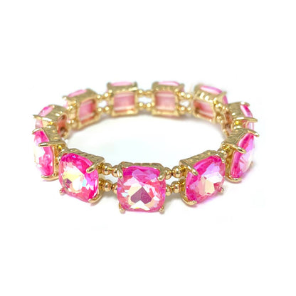 Cushion Cut Glass Crystal Linked Stretch Bracelet: PASTEL-BLUE