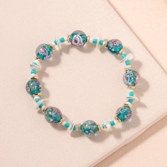 Murano Glass Beads & Pearl Linked Stretch Bracelet: NAVY