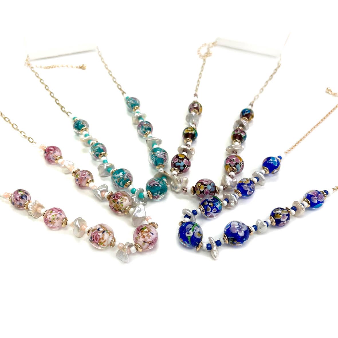 Murano High Quality Glass Beads with Pearl Linked Necklace: Blue