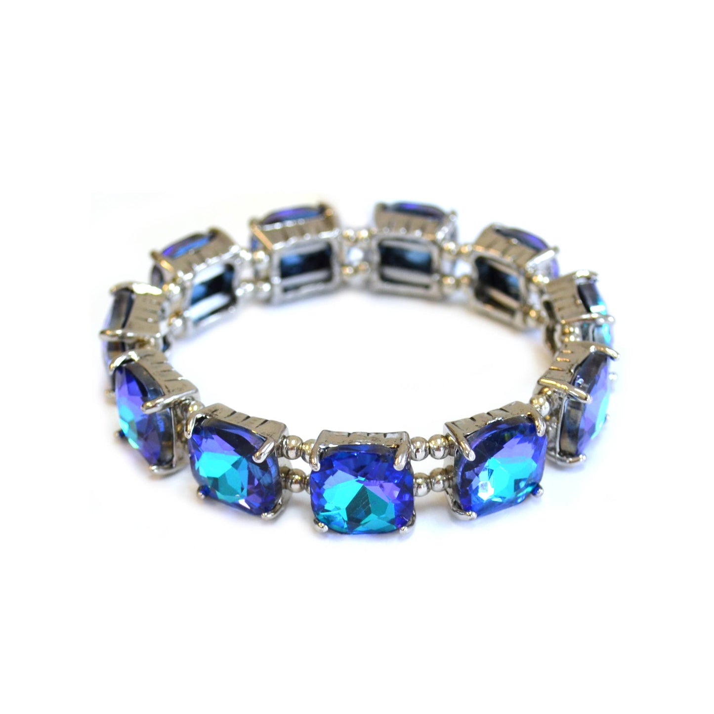 Cushion Cut Glass Crystal Linked Stretch Bracelet: PASTEL-BLUE