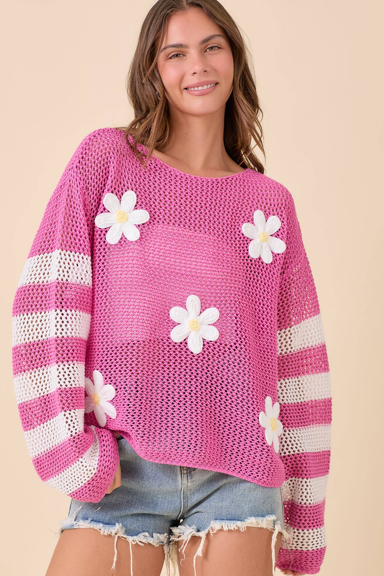 Daisy Crochet Stripe Knit Top – Ready to Ship: PINK