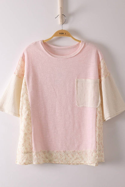NT12633-Oversized Mixed Media Knit Top: PINK / S-M-L/2-2-2