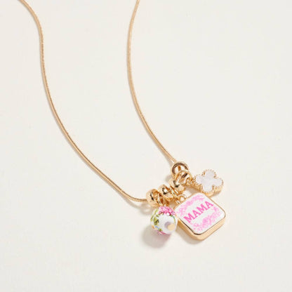 Mama Floral Bead Enamel Charm Pendant Necklace: Pink / ONE