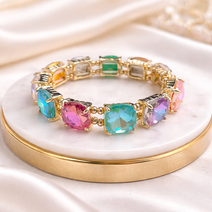 Cushion Cut Glass Crystal Linked Stretch Bracelet: PASTEL-BLUE
