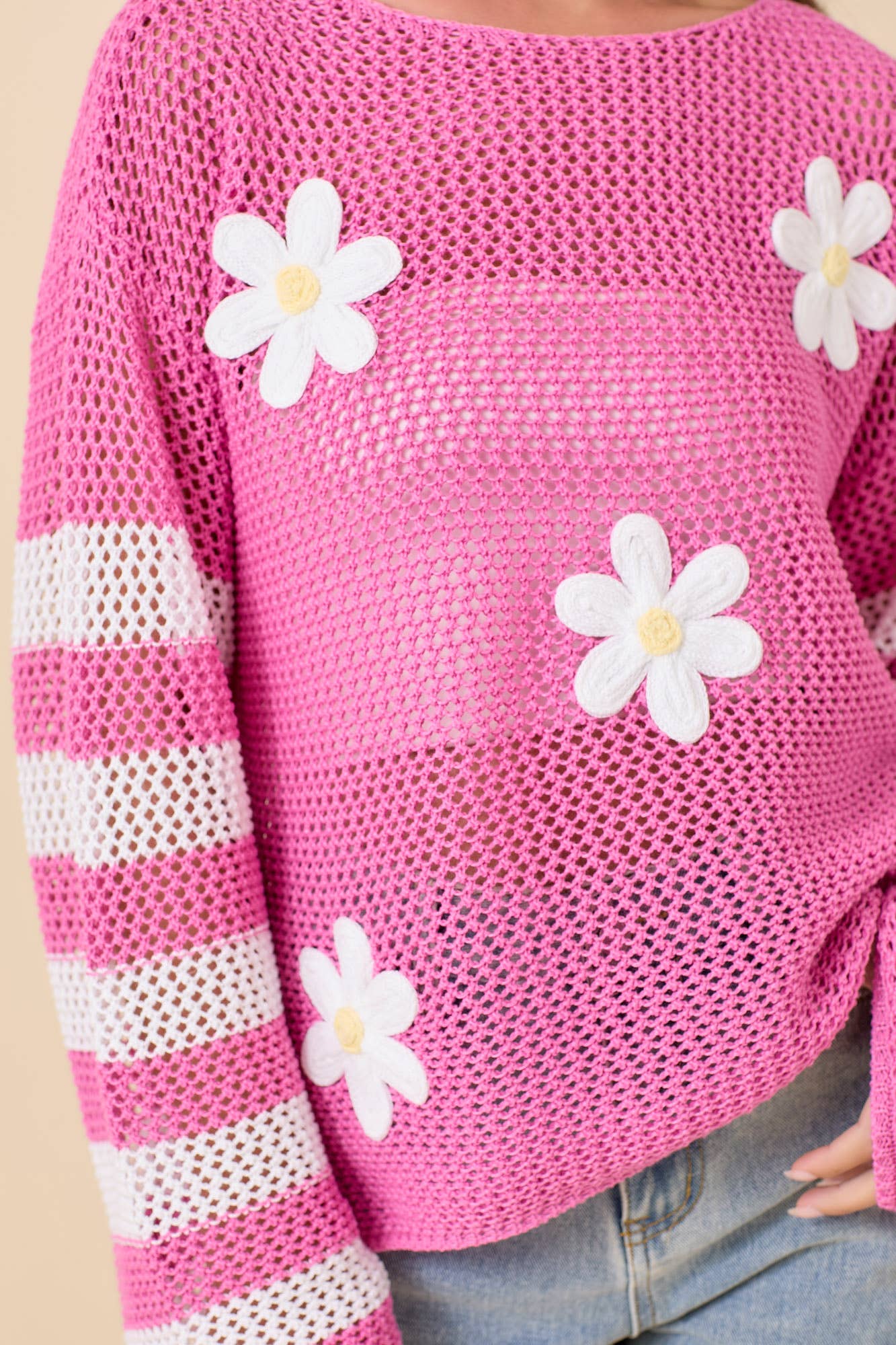 Daisy Crochet Stripe Knit Top – Ready to Ship: PINK