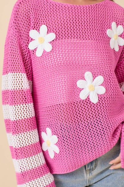 Daisy Crochet Stripe Knit Top – Ready to Ship: PINK