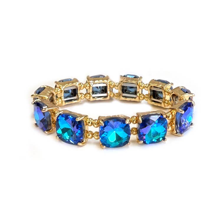 Cushion Cut Glass Crystal Linked Stretch Bracelet: PASTEL-BLUE