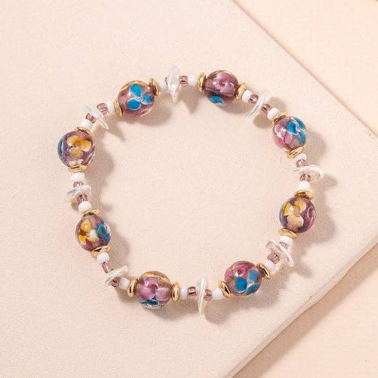 Murano Glass Beads & Pearl Linked Stretch Bracelet: NAVY