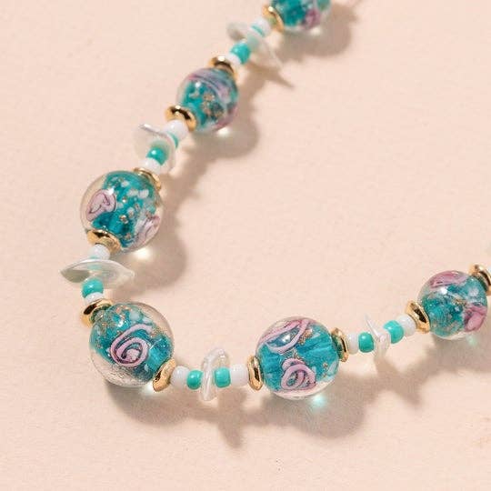 Murano High Quality Glass Beads with Pearl Linked Necklace: Blue