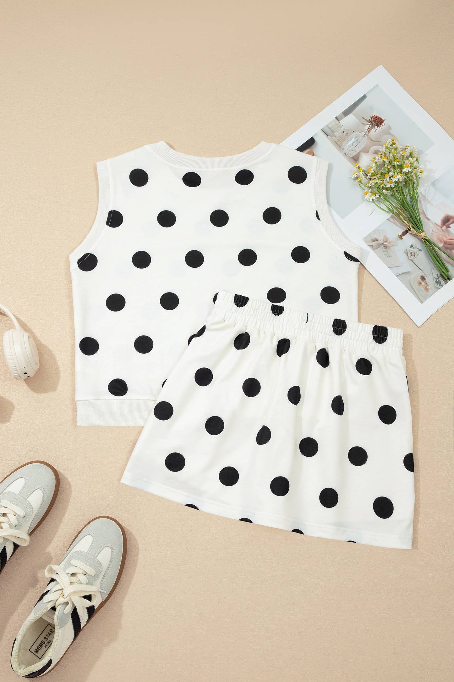 Plus Polka Dot Print Tank Split Mini Skort 2pcs Set (S-4X): White / L