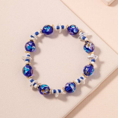 Murano Glass Beads & Pearl Linked Stretch Bracelet: NAVY