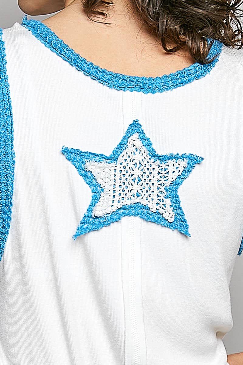 V-neck Sleeveless Color Block Front Crochet Star Solid Top: OFF WHITE/PACIFIC BLUE /