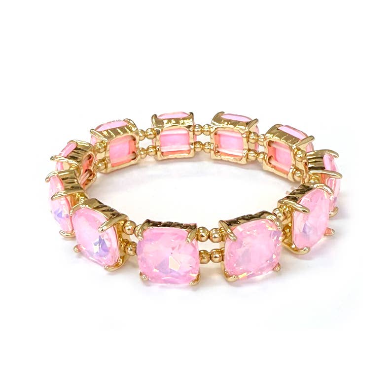 Cushion Cut Glass Crystal Linked Stretch Bracelet: PASTEL-BLUE