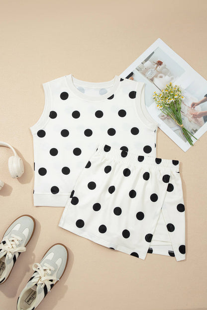 Plus Polka Dot Print Tank Split Mini Skort 2pcs Set (S-4X): White / L