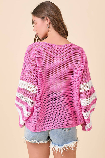 Daisy Crochet Stripe Knit Top – Ready to Ship: PINK