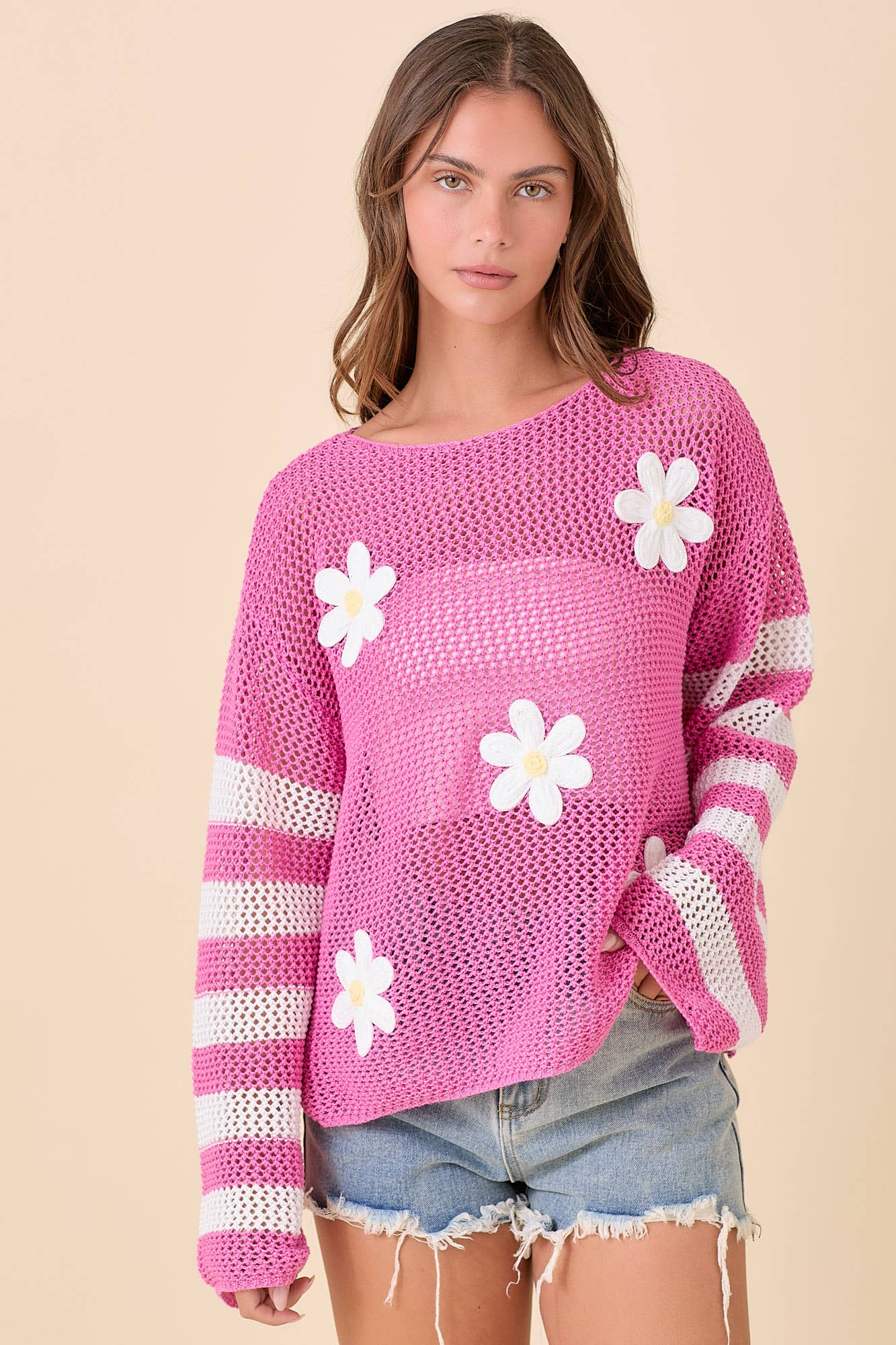 Daisy Crochet Stripe Knit Top – Ready to Ship: PINK