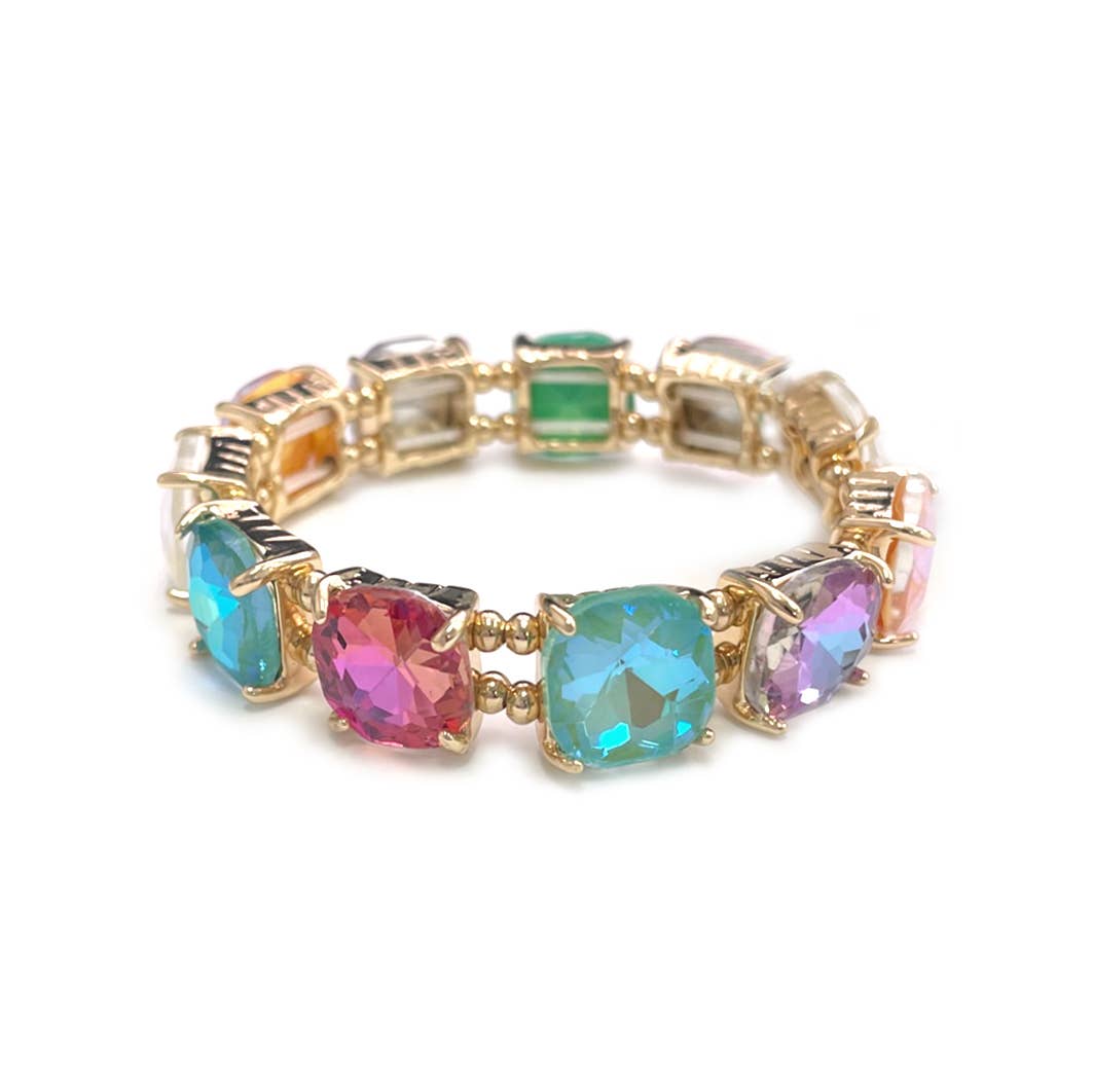 Cushion Cut Glass Crystal Linked Stretch Bracelet: PASTEL-BLUE
